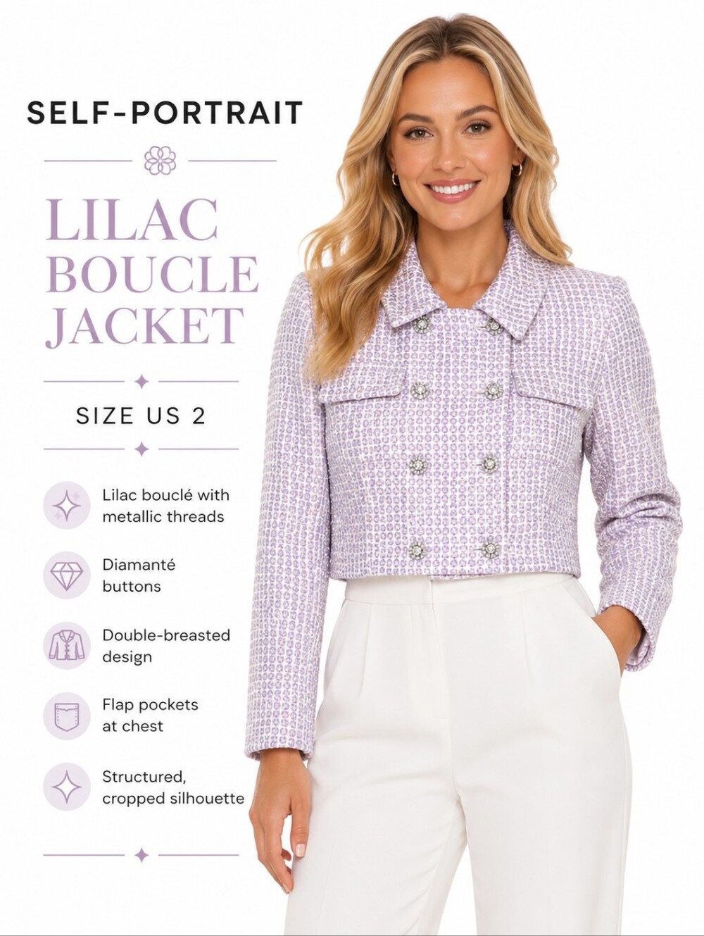 Self-Portrait Lilac Bouclé Cropped Jacket with Diamanté Buttons Women's Size 2